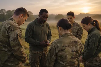 Military Chaplain Praying With Soldiers at Sunrise