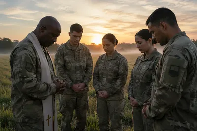 Military Chaplain with Soldiers at Dawn