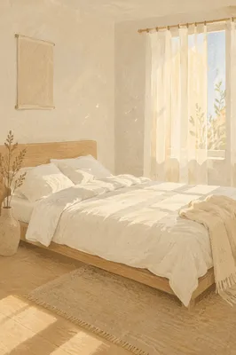 Serene Minimalist Bedroom in Morning Sunlight
