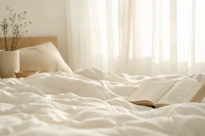 Minimalist Bedroom With White Linen Morning Light