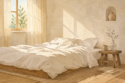 Minimalist Bedroom with White Linen Morning Light