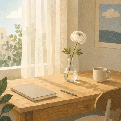 Minimalist Desk with White Ranunculus Vase