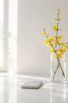 Minimalist White Desk with Yellow Spring Blossoms
