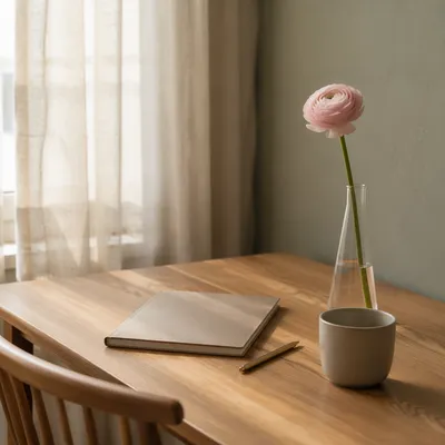 Minimalist Desk with Pink Ranunculus