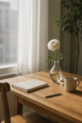 Minimalist Desk with White Ranunculus Vase