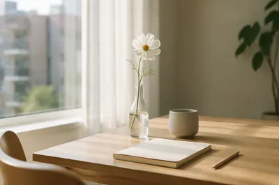 Minimalist Desk with White Cosmos Vase