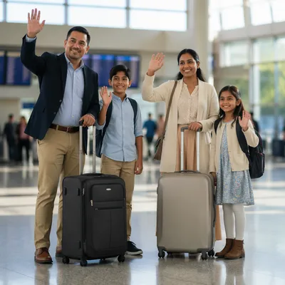 Family Waving Goodbye at Airport Terminal