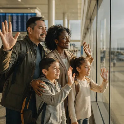 Family Waving Goodbye at Airport Terminal