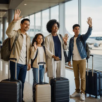 Family Waving Goodbye at Airport Terminal