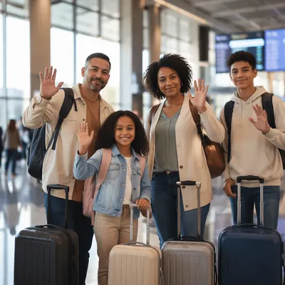 Family Waving Goodbye at Airport Departure Hall