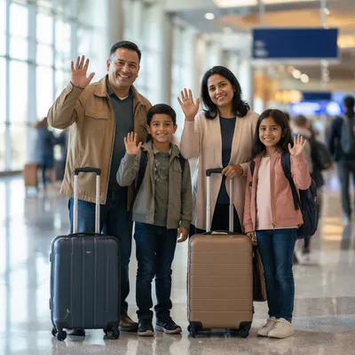 Family Waving Goodbye at Airport Terminal