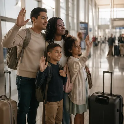 Family Waving Goodbye at Airport Terminal