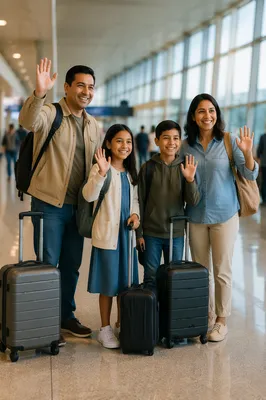 Family Waving Goodbye at Airport Terminal