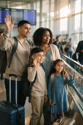 Family Waving Goodbye at Airport Terminal