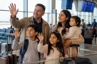 Family Waving Goodbye at Airport Terminal