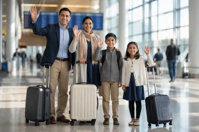 Family Waving Goodbye at Airport Terminal