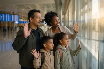 Family Waving Goodbye at Airport Terminal