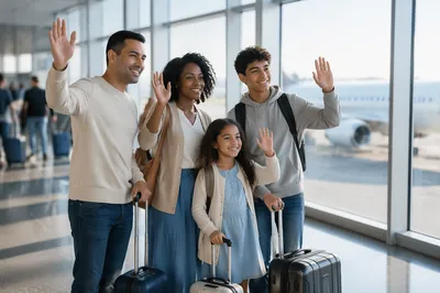 Family Waving Goodbye at Airport Terminal