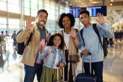 Family Waving Goodbye at Airport Departure Hall