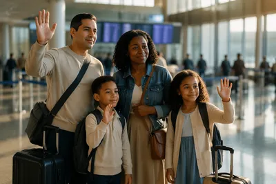 Family Waving Goodbye at Airport Terminal