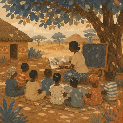 Missionary Teaching Children Beneath African Shade Tree