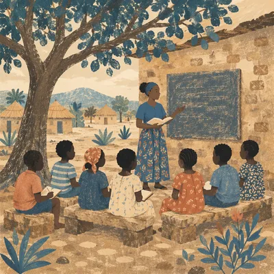 Missionary Teaching Children Beneath African Village Tree
