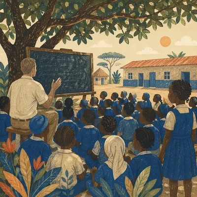 Missionary Teaching Children Under African Tree