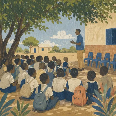 Missionary Teaching Children Under African Shade Trees