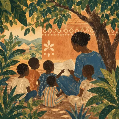 Missionary Teaching Children Beneath African Tree