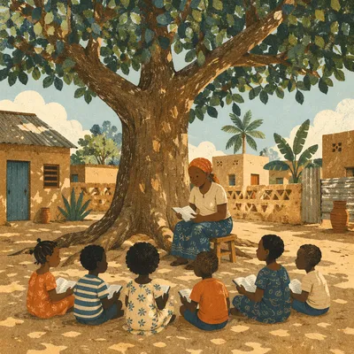 Missionary Teaching Children Beneath African Shade Tree