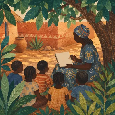 Missionary Teaching Children Beneath African Tree