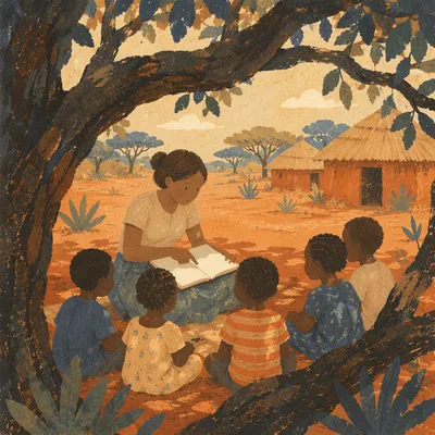 Missionary Teaching Children Beneath African Shade Tree
