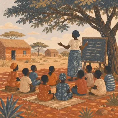 Missionary Teaching Children Beneath African Acacia