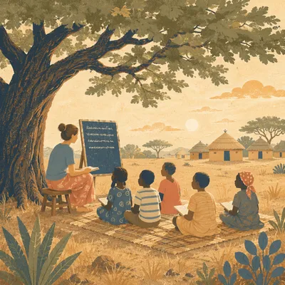 Missionary Teaching Children Beneath African Acacia