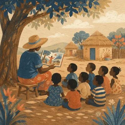 Missionary Teaching Children Beneath African Shade Tree