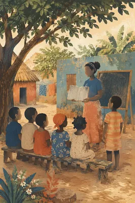 Missionary Teaching Children Under African Tree