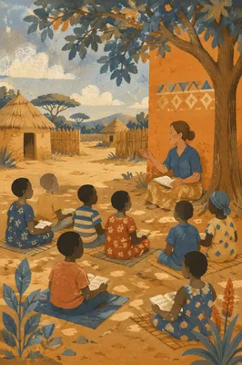 Missionary Teaching Children Beneath African Shade Tree