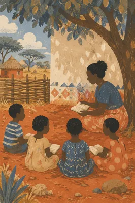 Missionary Teaching Children Beneath African Tree