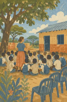 Missionary Teacher Guiding Children Under African Trees