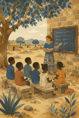 Missionary Teacher with Children Under African Tree