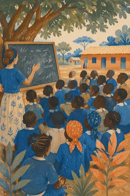 Missionary Teaching Children Under African Shade Tree