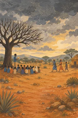 Missionary Teaching Children Beneath African Tree