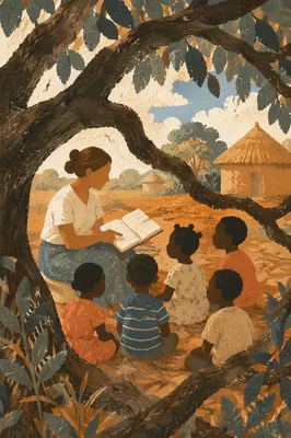 Missionary Teaching Children Beneath African Tree