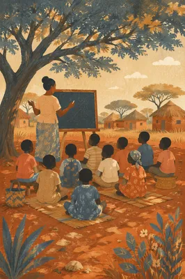 Missionary Teaching Children Beneath African Acacia