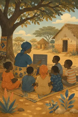 Missionary Teacher with Children Under Acacia Tree