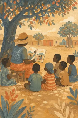 Faith Teacher Sharing Stories Under African Tree