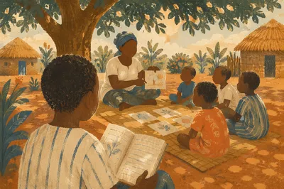 Missionary Teaching Children Under African Tree