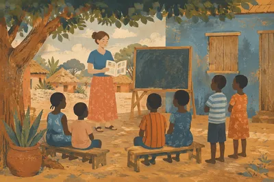 Missionary Teaching Children Beneath African Shade Tree