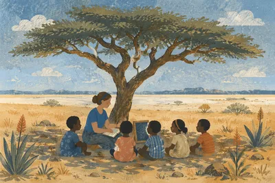Missionary Teaching Children Beneath African Acacia