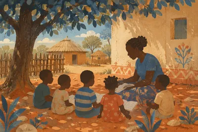 Missionary Teaching Children Beneath African Tree